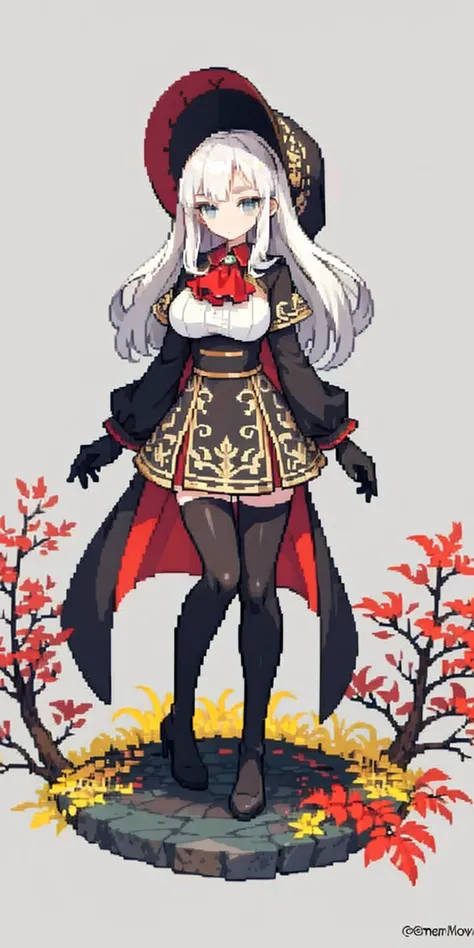 masterpiece, top quality, best quality), pixel,pixel art, 1 girl, full body, doll, white hair, doll joints, bonnet, red ascot, brown cloak, brown dress, gloves, looking at viewer, expressionless, forest, trees, fallen leaves, dark skies, grey sky, desatura...