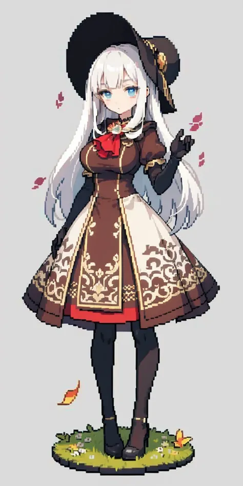 masterpiece, top quality, best quality), pixel,pixel art, 1 girl, full body, doll, white hair, doll joints, bonnet, red ascot, brown cloak, brown dress, gloves, looking at viewer, expressionless, forest, trees, fallen leaves, dark skies, grey sky, desatura...