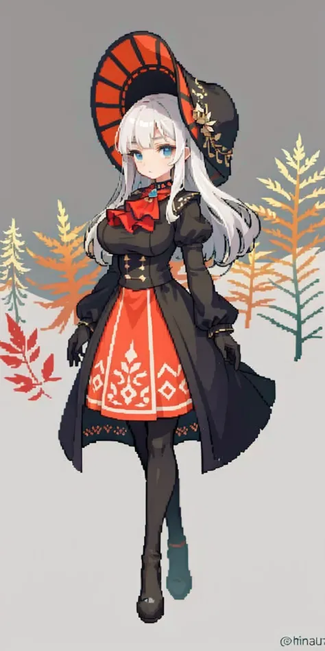 masterpiece, top quality, best quality), pixel,pixel art, 1 girl, full body, doll, white hair, doll joints, bonnet, red ascot, brown cloak, brown dress, gloves, looking at viewer, expressionless, forest, trees, fallen leaves, dark skies, grey sky, desatura...