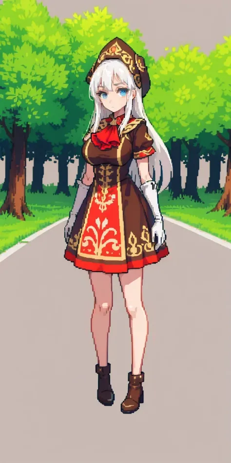 masterpiece, top quality, best quality), pixel,pixel art, 1 girl, full body, doll, white hair, doll joints, bonnet, red ascot, brown cloak, brown dress, gloves, looking at viewer, expressionless, forest, trees, fallen leaves, dark skies, grey sky, desatura...