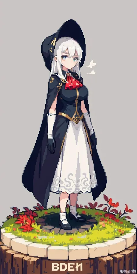 masterpiece, top quality, best quality), pixel,pixel art, 1 girl, full body, doll, white hair, doll joints, bonnet, red ascot, brown cloak, brown dress, gloves, looking at viewer, expressionless, forest, trees, fallen leaves, dark skies, grey sky, desatura...