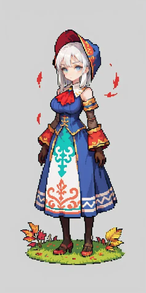 masterpiece, top quality, best quality), pixel,pixel art, 1 girl, full body, doll, white hair, doll joints, bonnet, red ascot, brown cloak, brown dress, gloves, looking at viewer, expressionless, forest, trees, fallen leaves, dark skies, grey sky, desatura...