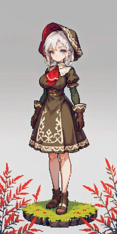 masterpiece, top quality, best quality), pixel,pixel art, 1 girl, full body, doll, white hair, doll joints, bonnet, red ascot, brown cloak, brown dress, gloves, looking at viewer, expressionless, forest, trees, fallen leaves, dark skies, grey sky, desatura...