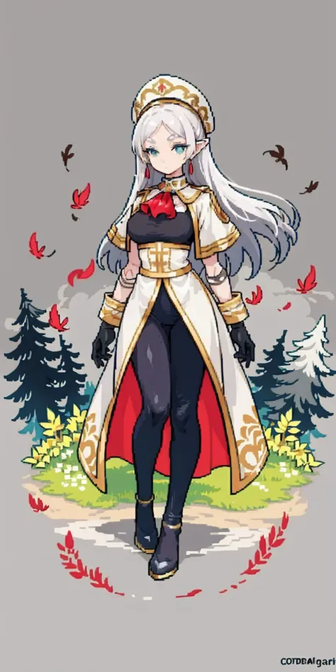 masterpiece, top quality, best quality), pixel,pixel art, 1 girl, full body, doll, white hair, doll joints, bonnet, red ascot, brown cloak, brown dress, gloves, looking at viewer, expressionless, forest, trees, fallen leaves, dark skies, grey sky, desatura...