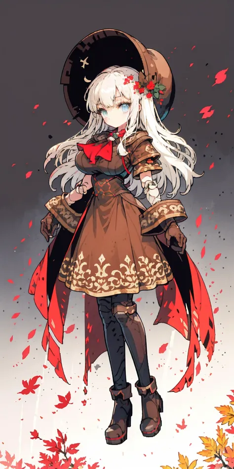 masterpiece, top quality, best quality), pixel,pixel art, 1 girl, full body, doll, white hair, doll joints, bonnet, red ascot, brown cloak, brown dress, gloves, looking at viewer, expressionless, forest, trees, fallen leaves, dark skies, grey sky, desatura...