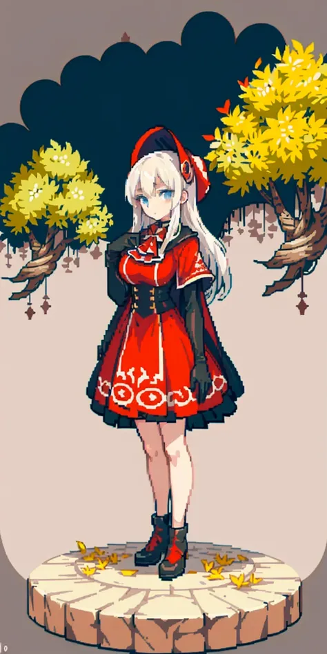 masterpiece, top quality, best quality), pixel,pixel art, 1 girl, full body, doll, white hair, doll joints, bonnet, red ascot, brown cloak, brown dress, gloves, looking at viewer, expressionless, forest, trees, fallen leaves, dark skies, grey sky, desatura...