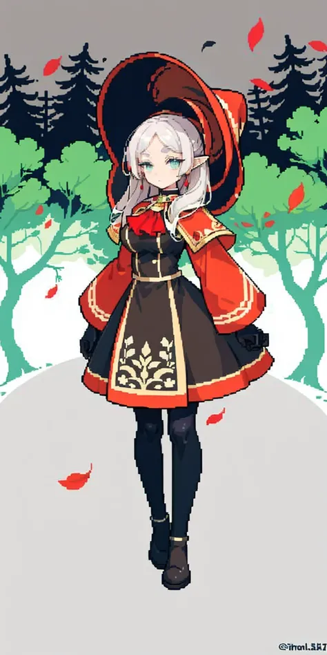 masterpiece, top quality, best quality), pixel,pixel art, 1 girl, full body, doll, white hair, doll joints, bonnet, red ascot, brown cloak, brown dress, gloves, looking at viewer, expressionless, forest, trees, fallen leaves, dark skies, grey sky, desatura...