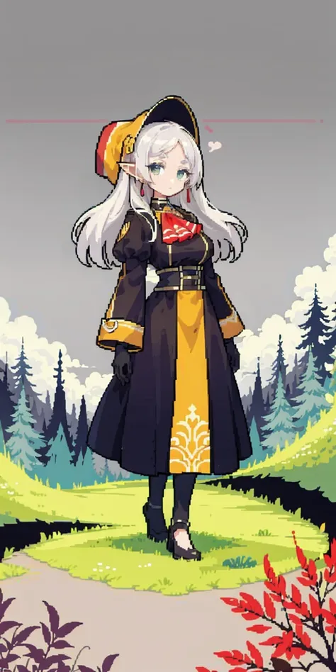 masterpiece, top quality, best quality), pixel,pixel art, 1 girl, full body, doll, white hair, doll joints, bonnet, red ascot, brown cloak, brown dress, gloves, looking at viewer, expressionless, forest, trees, fallen leaves, dark skies, grey sky, desatura...