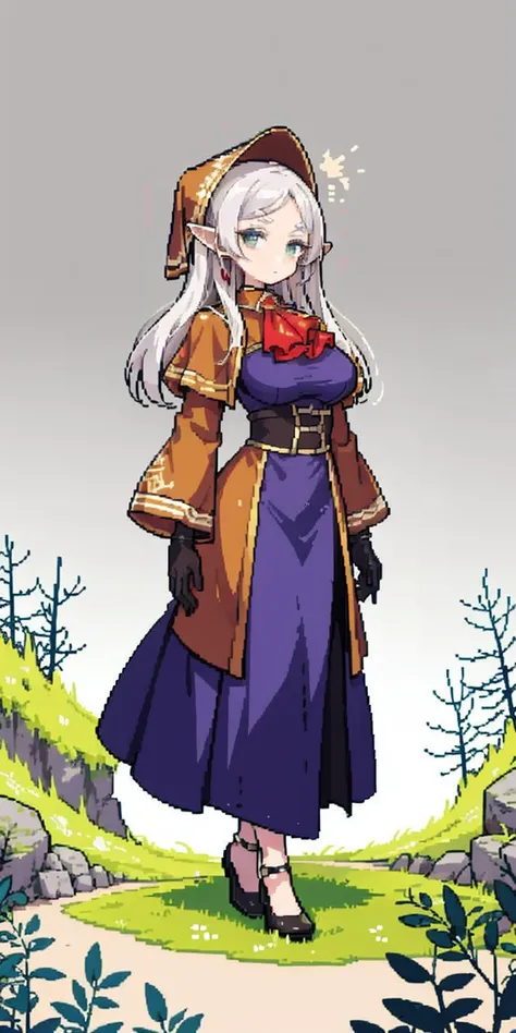 masterpiece, top quality, best quality), pixel,pixel art, 1 girl, full body, doll, white hair, doll joints, bonnet, red ascot, brown cloak, brown dress, gloves, looking at viewer, expressionless, forest, trees, fallen leaves, dark skies, grey sky, desatura...