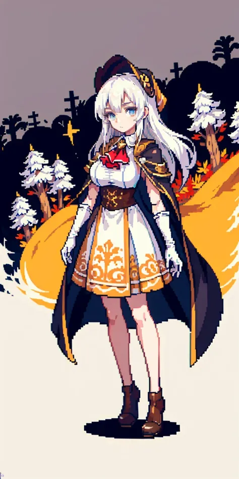 masterpiece, top quality, best quality), pixel,pixel art, 1 girl, full body, doll, white hair, doll joints, bonnet, red ascot, brown cloak, brown dress, gloves, looking at viewer, expressionless, forest, trees, fallen leaves, dark skies, grey sky, desatura...