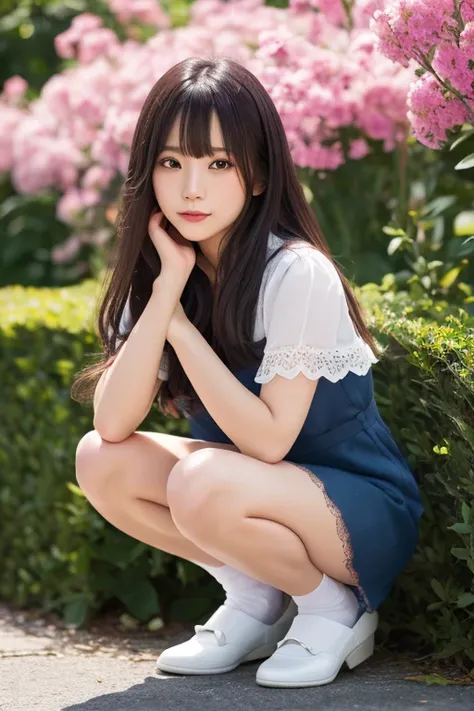 1japanese girl, white blouse with detailed lace, white socks, geometrical pattern navy blue dress with detailed frills, black flats, long hair, bang, black hair, smile, squatting, in flower garden, shrubbery, BREAK, full body shot, pov, focusing face, BREA...