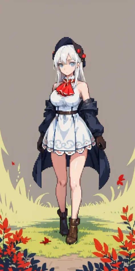 masterpiece, top quality, best quality), pixel,pixel art, 1 girl, full body, doll, white hair, doll joints, bonnet, red ascot, brown cloak, brown dress, gloves, looking at viewer, expressionless, forest, trees, fallen leaves, dark skies, grey sky, desatura...