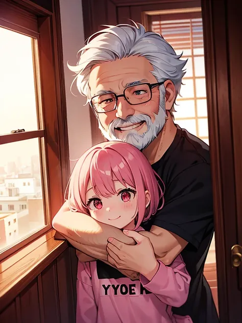 Girl, short pink hair, pink clothes, red eyes, red room, behind the window is a big city, smiling, very happy, her father is an old man, she hugs her father at the door, her father has a white beard and white hair, her father&#39;s eyes are blue,