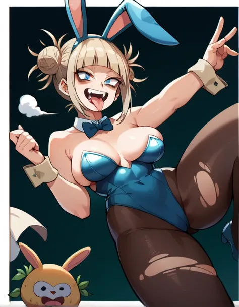 1 woman, Himiko Toga, my hero academia, big breasts,high resolution, masterpiece, Anatomically correct, necessary, High details, Blue eyes, sexy bunny costume, thick thighs, torn clothes, big butt, Mouth open tongue out 