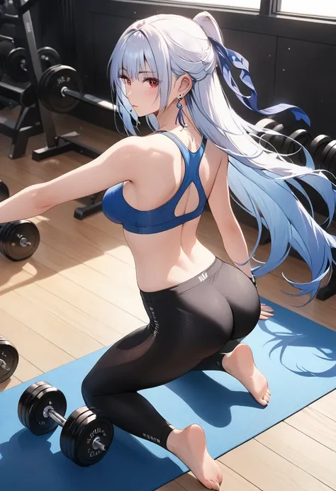 a woman in gym clothes,tank top,leggings,athletic,fit, dynamic pose,fitness center,dumbbells,yoga mat,warm lighting,4k,detailed,cinematic, jingliu,1girl,white hair,long hair,ponytail,hair ribbon,red eyes, earrings, jewelry, full body, back view, looking at...