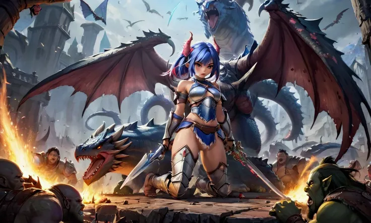 Cute yuna (sexy armor, boodied and bruised warrior, sword bloodied) standing atop a pile of defeated foes (orcs and goblins mainly) exhausted but determined braces for battle as a huge winged monster (wyvern) approaches, fantasy battle ground, final stand