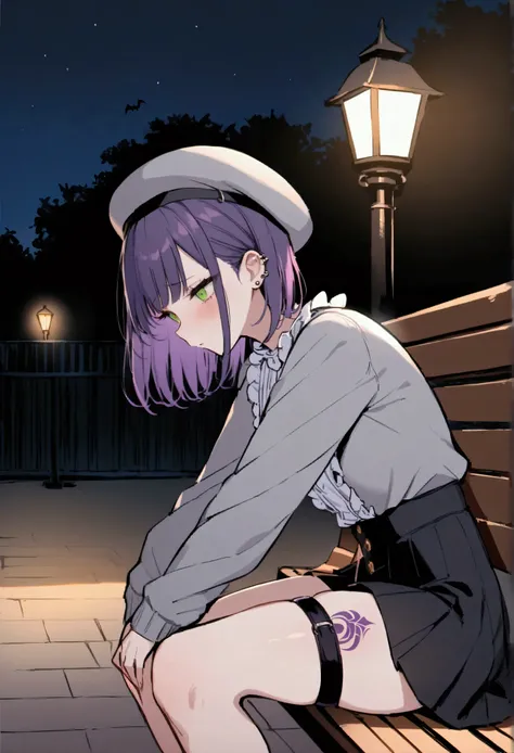 NSFW,masterpiece,Best Quality,High resolution,Very detailed,Towa Tokoyami(Hove),Purple Hair,Green Eyes,Jirai system、Frilled shirt、High Waist Skirt、Grey cardigan、Beret、False horns、Thigh straps、Thigh Tattoo、Ear Piercing,Night Park,Street lamp,bench,Sitting,D...