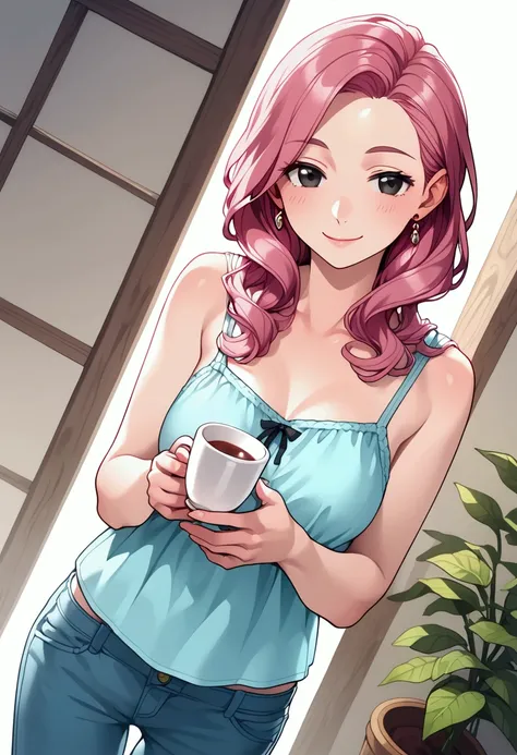 woman with half black half pink hair, innocent black eyes, (casual clothes) loose sleeveless blouse, short jeans curto, (gentle smile, calm and mature personality. Her name is rose) *looking at the camera lovingly, (front angle) holding a white cup with pi...