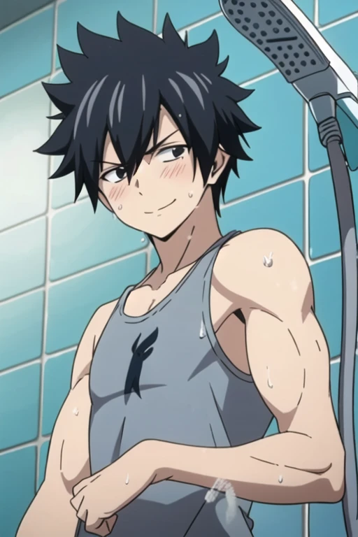 masterpiece, best quality, illustration, 1boy, solo, male focus, looking at viewer, upper body, depth of field, gray_fullbuster, black hair, black eyes, muscular body, spiked hair,   (black tank-top shirt),   (shower), white wall tiles, view from below,   ...