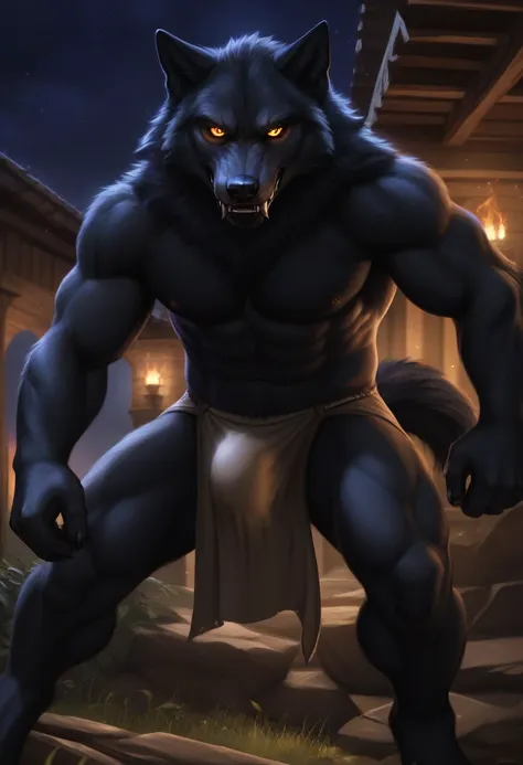 a most muscular anthropomorphic male wolf, detailed facial features with amber glowing eyes, Sharp fangs, pointed wolf ears, thick black fur, wolf tail, fierce expression, staring intently at the camera, standing in a forest at night, (epic, masterpiece, h...