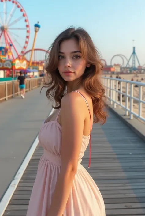 a beautiful young girl standing on a beach boardwalk, wearing a cute dress, long eyelashes, beautiful detailed eyes and lips, wi...