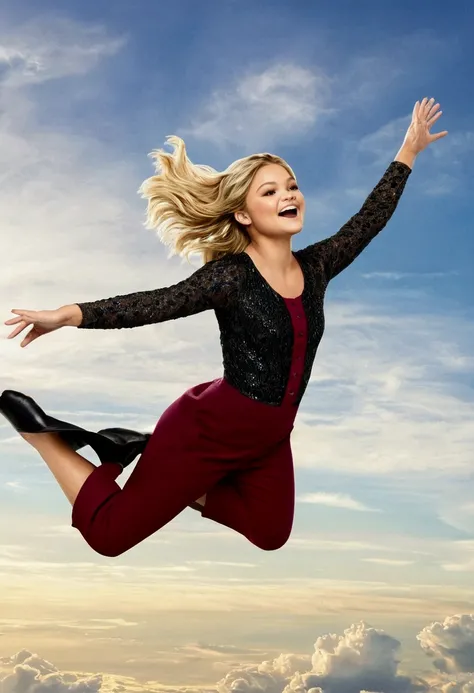 Olivia Holt flying happily and gracefully in the sky