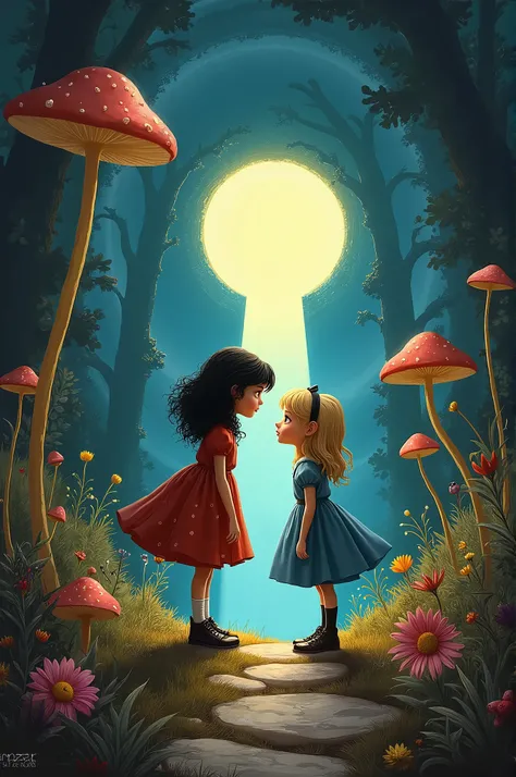 Create a picture with Coraline and Alice in Wonderland with a keyhole