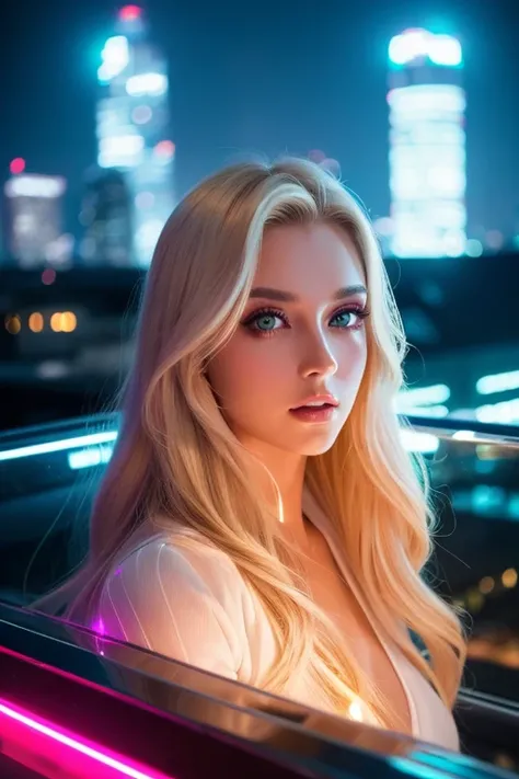 Best Quality　Close distance　White super beauty　Shining Eyes　Blonde slicked back long wavy hair　Sexy black clothing with neon reflections　Age 25　Shining Eyes　glamorous body　Captivating Pose　Futuristic night scene with glowing neon signs　Skyscraper rooftop