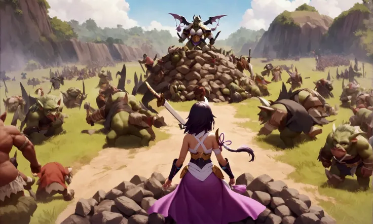 Cute yuna (sexy armor, boodied and bruised warrior, sword bloodied) standing atop a pile of defeated foes (orcs and goblins mainly) exhausted but determined braces for battle as a huge winged monster (wyvern) approaches, fantasy battle ground, final stand