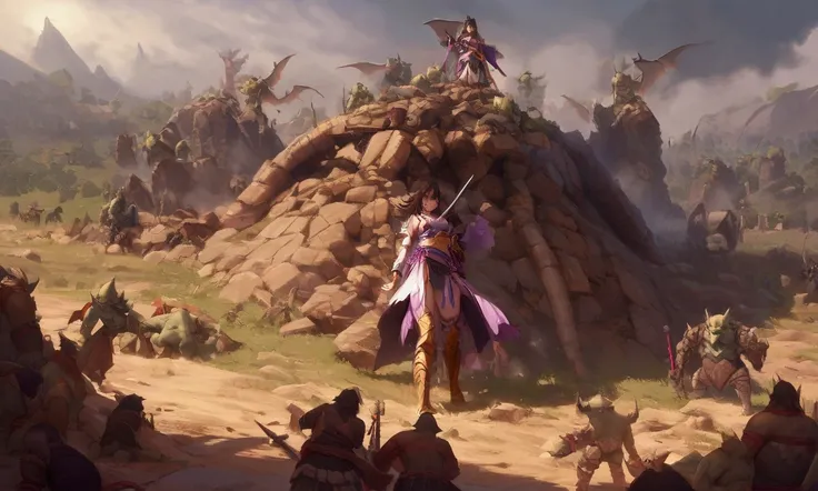 Cute yuna (sexy armor, boodied and bruised warrior, sword bloodied) standing atop a pile of defeated foes (orcs and goblins mainly) exhausted but determined braces for battle as a huge winged monster (wyvern) approaches, fantasy battle ground, final stand