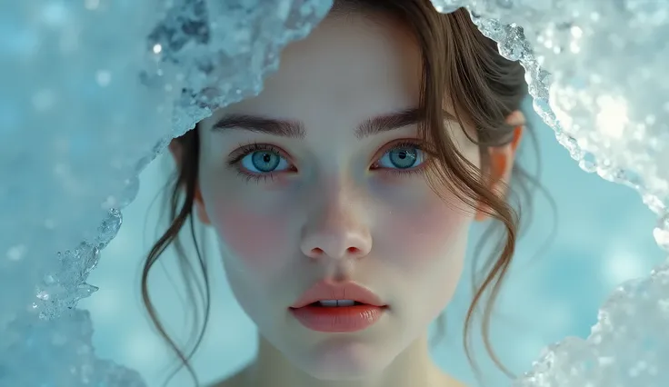 Beatiful woman with light brown hair behind ice