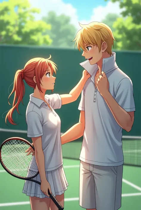 Fire Emblem, Lucina wearing a Polo while playing Tennis. After losing to her boyfriend she fully pops her boyfriends polo collar up now its higher than his head