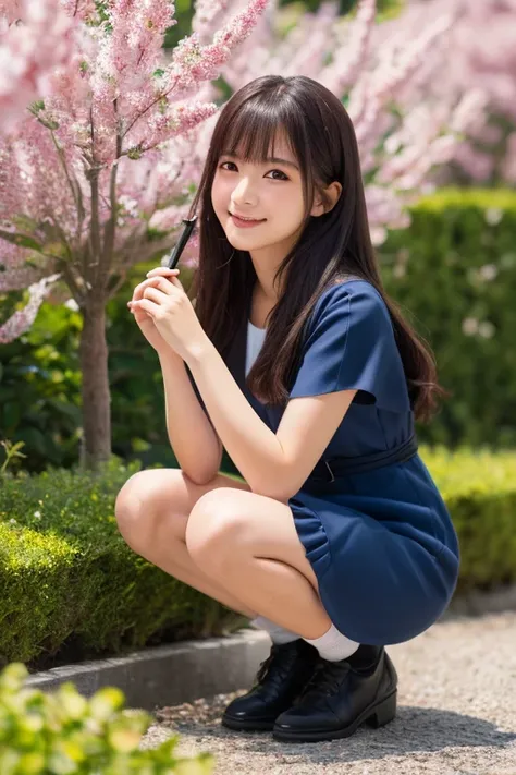 1japanese girl, cute, white socks, (geometrical pattern navy blue dress with detailed frills), black flats, long hair, bang, black hair, smile, squatting, in flower garden, shrubbery, BREAK, full body shot, pov, focusing face, BREAK, (masterpiece, best qua...