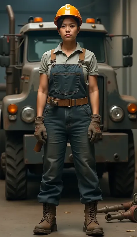 Photography, best quality, realistic, full body shot. A 40 years old Indonesian woman with bulging muscles and short cropped hair wearing mechanic clothes, safety helmet, and boots standing in front of a machine. Masculine pose, arrogant smirk, detailed fa...