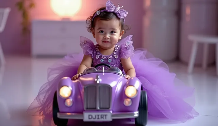 a baby girl, adorable baby, wearing purple clothes, purple dress, butterfly designs on clothes, elegant baby, cute baby, baby driving car, baby driving toy car, baby in fashion show, best quality, 8k, highres, masterpiece, ultra-detailed, realistic, photor...