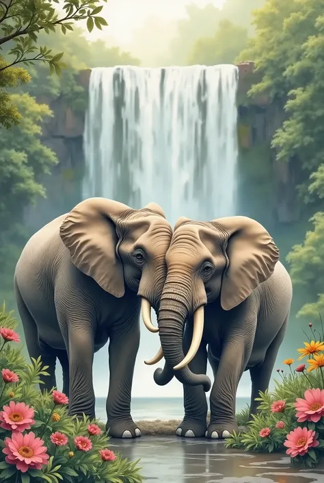 water color portrait of two tuskers are loving in the jungle near a waterfall. whit background, side photo, beautiful flowers