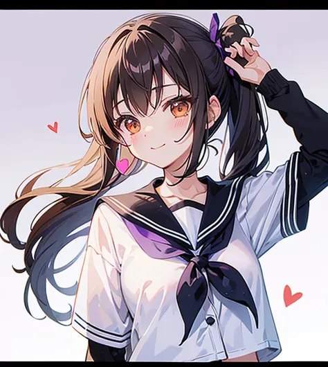 Ichige Style, One girl, Alone, Brown Hair, heart, Hair Accessories, School Uniform, Side Ponytail, smile, Watching the audience, neckerchief, Upper Body, heart Hair Accessories, cardigan, Sailor collar, Seraph, black Sailor collar, bangs, Good eyes, Mouth ...