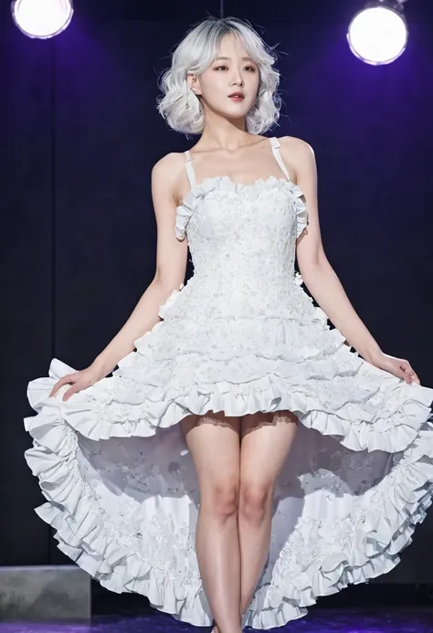 there is a woman in a white dress standing in a room, 165 cm tall, 155 cm tall, opened dress, ❤🔥🍄🌪, 🤬 🤮 💕 🎀, by Ayami Kojima, white dress!! of silver hair, stage, on stage, heonhwa choe, frill, style of yoshii chie