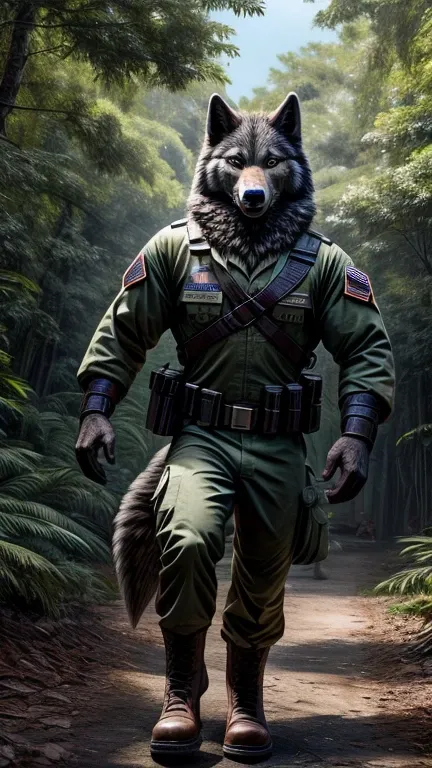 Create an image of a standing wolf in American military uniform. The wolf has a focused, combat-ready expression in a dense jungle with a U.S. Army base visible behind the trees.