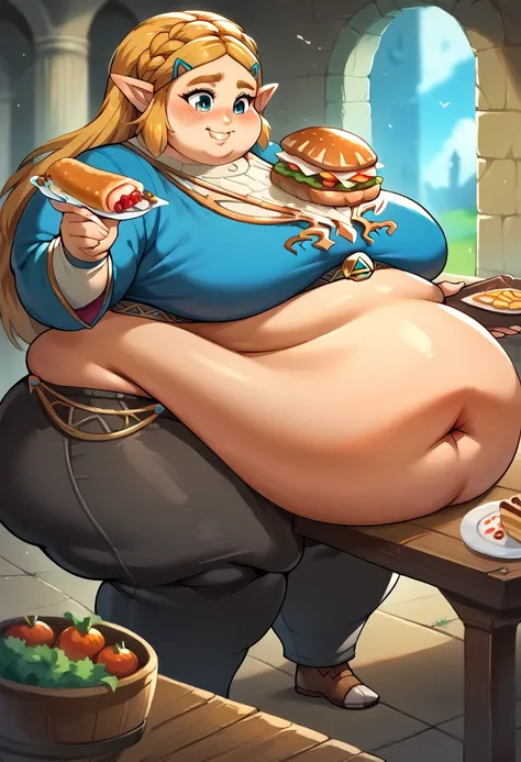 Masterpiece, best quality, high resolution,1girl,blond hair,pricess zelda, nintendo, the legend of zelda, botw,black pants, smile,sexy smile,sexy pose, castle, wooden table,food, turkey,huge breasts, thick thighs, fat face, chubby cheeks, huge hips,huge be...