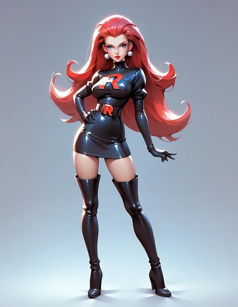 score_9, score_8_up, score_7_up, score_6_up, score_5_up, jessietr, 1girl, hair slicked back, solo, long hair, team rocket uniform, red hair, blue eyes, red lips, skirt, thigh high boots, full body,
