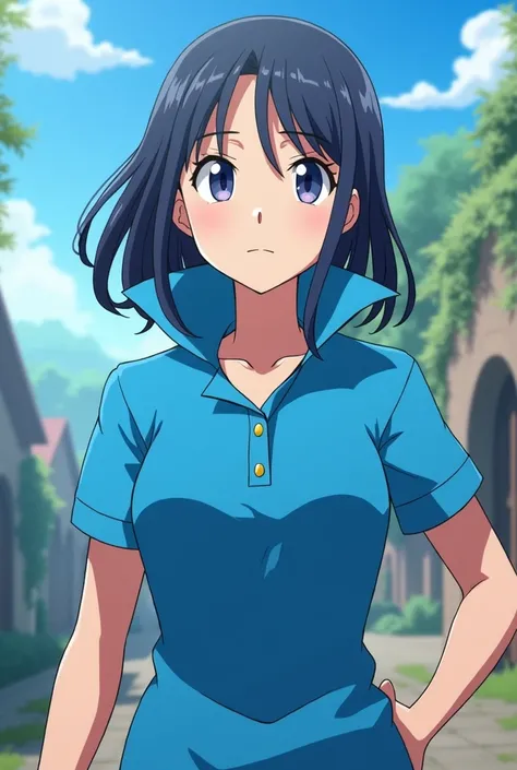 Anime Pokemon Trainer Princess, Lucina wearing a Blue Polo with a Massive Popped Collar Polo with a collar so high its taller than her head