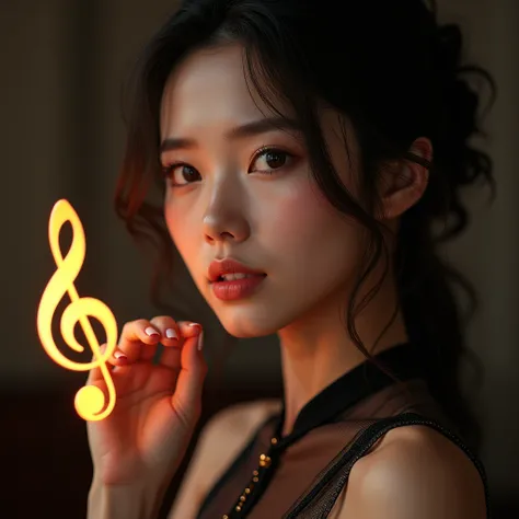 The vocalist, Vietnamese singer, Vietnamese Girl, Asian woman, Young woman, sexy, pretty, fashionable ,U30, shes singing, Treble clef symbol,Textured Skin, High Resolution, Cinematic, Photorealistic, Portrait Photography, Realism, Wide-Eyed