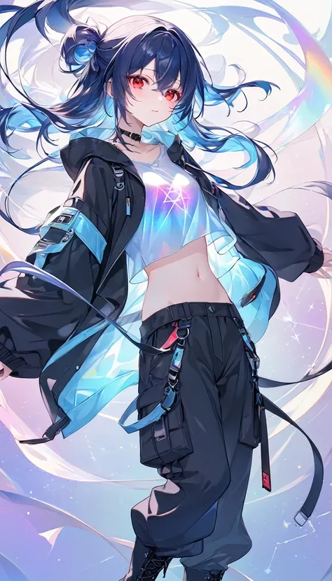 kawaii beauty, (light blue) glossy silky messy half-updo, elegance, dignity, amorous and lewd expression, captivating red eyes, wearing loose half-shirt, black hooded parka, black baggy pants, engineer boots, androgynous slim figure, iridescent aura effect...