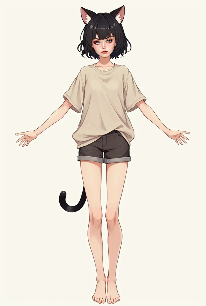 Create a female character with the following characteristics:

face: The character has a face with delicate features, light skin, big expressive eyes and subtle makeup. your hair is short, wavy, black in color. Has cat ears on top of head, which are black ...