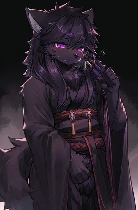 Wolf furry boy with  Only dark black fur [dark black fur] and purple eyes.fur color is very dark black and my eyes color are purple. My fur is very fluffy and soft. have fluffy, face and body have a wolf-like appearance.soft fur all over my face and body a...