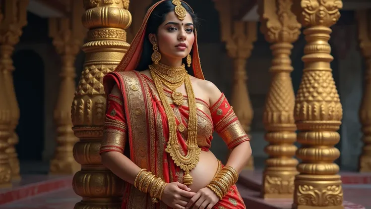 Woman covered in gold jewelry from head to toe sexy Indian girl 30 young girl Indian women big breast size leg big size Pimple on the forehead real women realistic background Indian tampul saree multi colored colors curvy waist big breast level belly eroti...