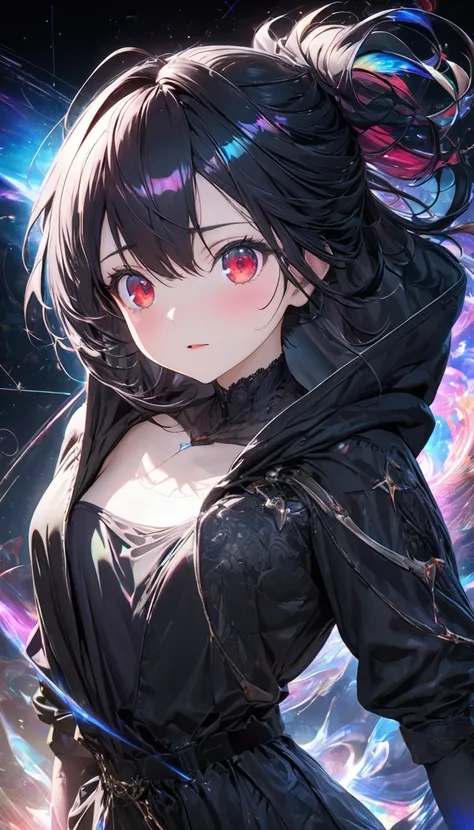 kawaii beauty, (light blue) glossy silky messy half-updo, elegance, dignity, amorous and lewd expression, captivating red eyes, wearing loose half-shirt, black hooded parka, black baggy pants, engineer boots, androgynous slim figure, iridescent aura effect...