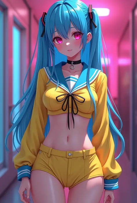 ulzzang, portrait, (anime), manga, sexy, asian high school girl with long straight neon blue hair, neon yellow sailor suit, big pink eyes, droopy eyes, (anime), manga, sexy, Latex, 8ｋ,Highest quality,masterpiece, Sharp focus, standing, thigh highs, slender...