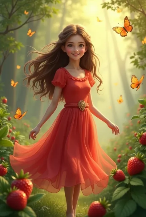 Princess with strawberry, brunette girl with brown hair and red dress and beautiful smile and delicate look, walking in a forest among butterflies and strawberry fruits 